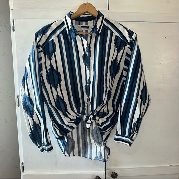 Panhandle Slim Tops - Vintage Panhandle Slim Blue and White Striped Aztec Button Up Down Shirt